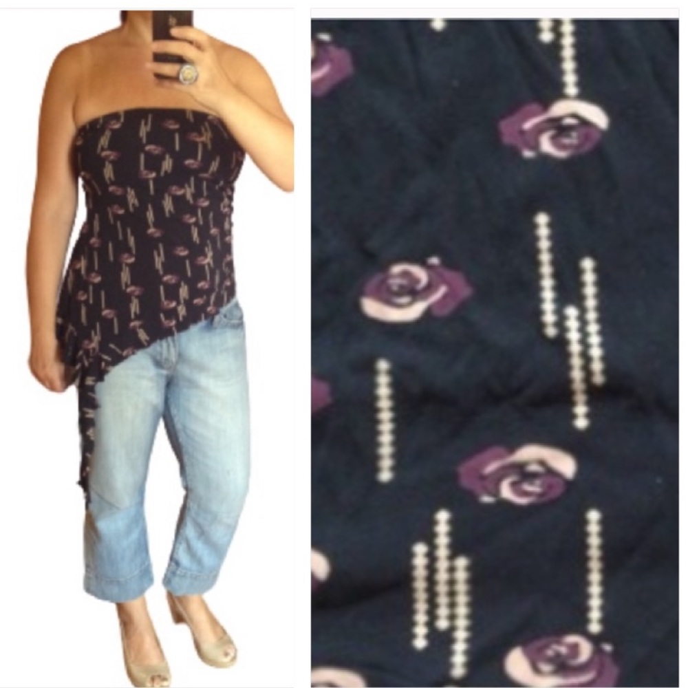 Stretch silk strapless top. Asymmetrical side ruffle, modern Rose print.size S M